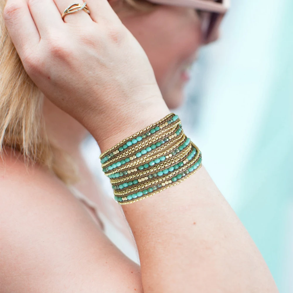 

5Layers Crystal Beaded Wrap Bracelets Boho Natural Stone Charms Zygomorphous Gold Color Chains Bracelet for Women Dropshipping