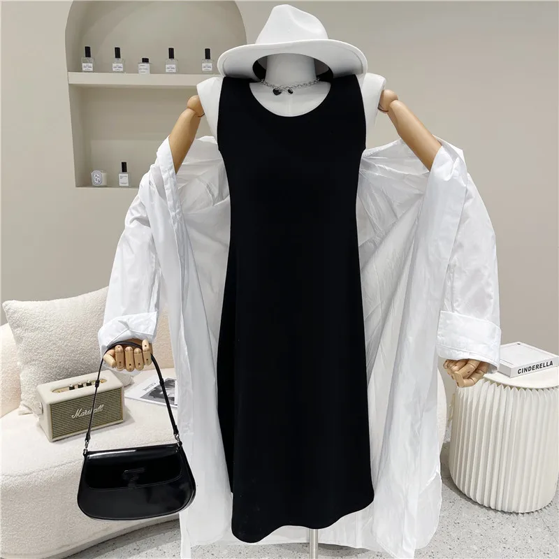 

Two piece set Women's Spring Summer 2021 Fashion Simple long sleeve sunscreen shirt long shirt coat bottomed vest Dress Set