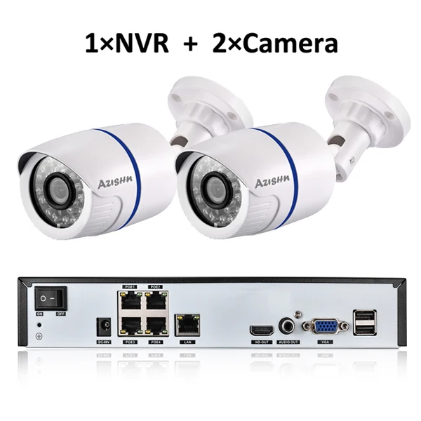 AZISHN 4CH 1080P HDMI 48 в POE 2MP NVR CCTV камера системы наружная безопасность 720P IP камера P2P система видеонаблюдения NVR комплект - Цвет: NVR and 2camera