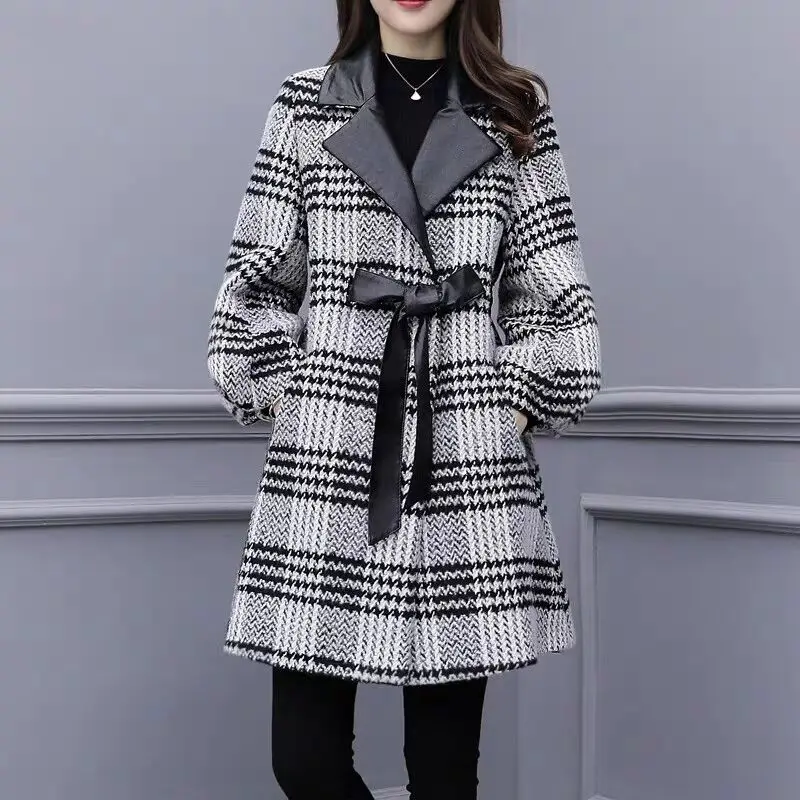 Модное шерстяное Женское пальто зимнее женское длинное в шотландскую клетку с