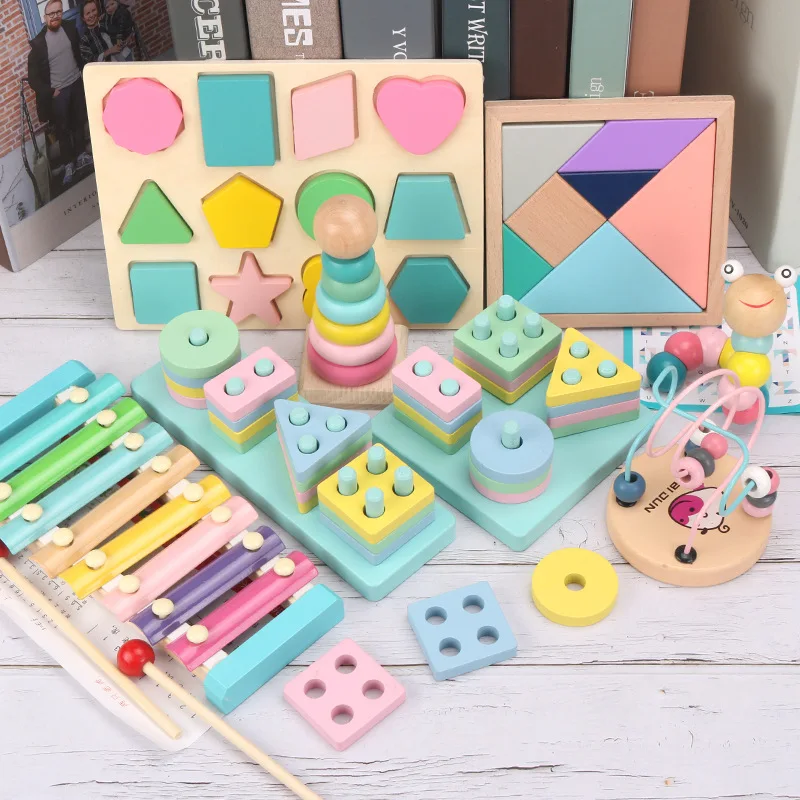 

QWZ Montessori Wooden 3D Toys Childhood Learning Kids Baby Colorful Wooden Blocks Educational Toy For Children Christmas Gift