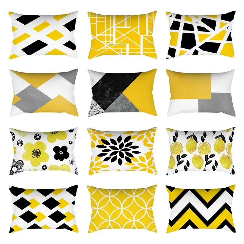 

Yellow Wave Striped Geometric Cushion Covers Cotton Linen Flower Printed Throw Pillowcases Covers For Home Decor Sofa Chair Bed