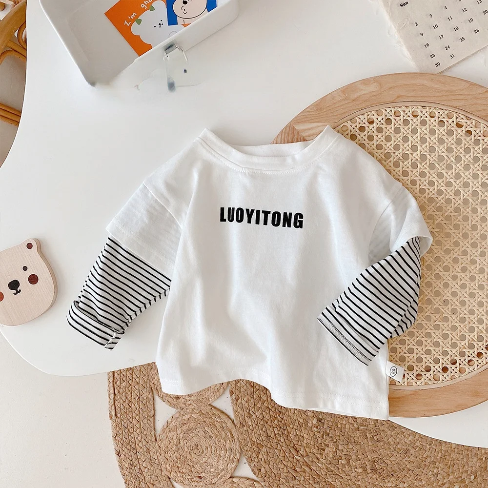 

Футболка для мальчиков и девочек WLG, весенне-осенняя белая футболка с имитацией двух длинных рукавов с надписью, повседневные универсальные...