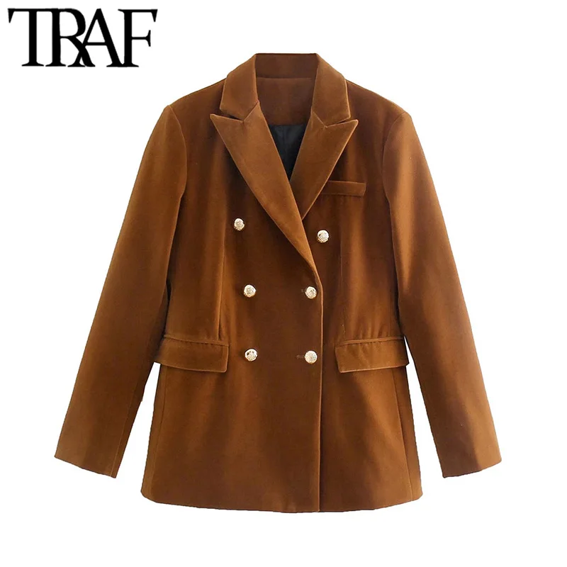 

TRAF Women Fashion Double Breasted Velvet Blazer Coat Vintage Long Sleeve Flap Pockets Female Outerwear Chic Veste Femme