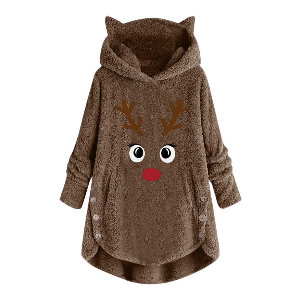 Pullovers Hoodies Women Button Cat Ears Cartoon Christmas Kawaii Long Sleeve Warm Tops Large Size Lovely Casual Sweaters | Женская
