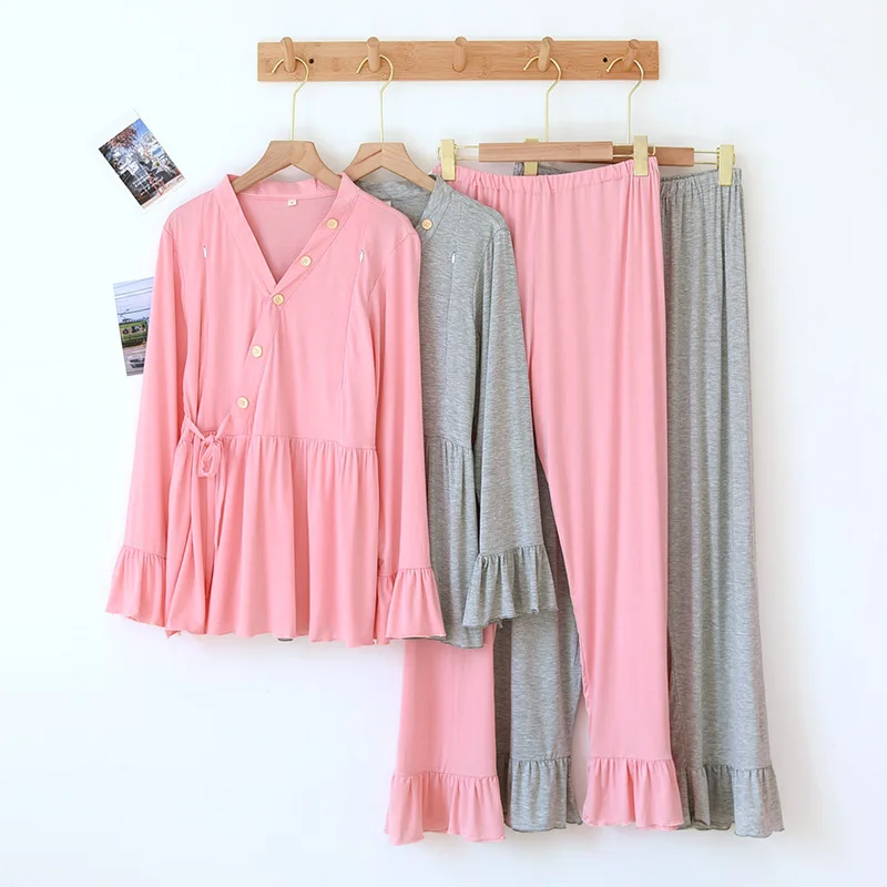 

Spring/summer/autumn Long-sleeved Trousers Pajamas Suit Modal Confinement Soft Plus Size Nursing Home Service Nursing Pajamas