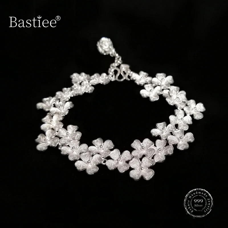 

Bastiee 999 Miao Sterling Silver Bracelets for Women Fashion Flower Charm Hmong Handmade Vintage Luxury Jewelry