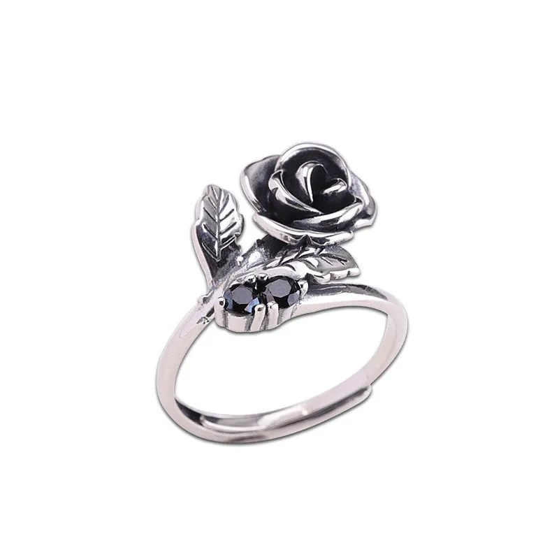 

Unique Ladies Rose Ring With Black Zircon Elegant 925 Sterling Silver Adjustable Ring Vintage Promise Wedding Rings For Women