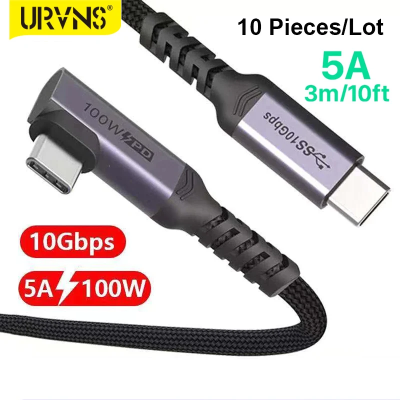 

URVNS Wholesale 10PCS/Lot USB C to USB C 3.1 Gen 2 Cable 10ft 90-Degree Type C 100W Cord 4K@60Hz Video Output 5A Fast Charging