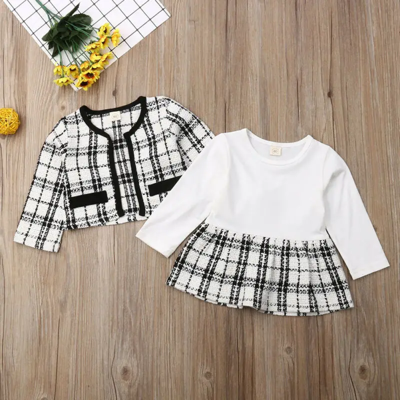 Fashion Baby Birthday Kid Girl Clothes Outfit Tutu Skirt Dress+ Plaid Coat Top 2Pcs Party Warm Small Fragrance Set | Мать и ребенок