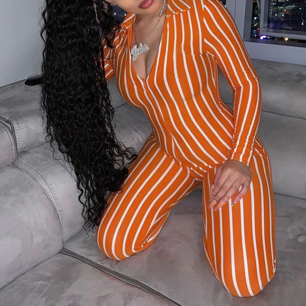 

Women's Sexy Zip Up Striped One Piece Outfits Deep V-Neck Long Sleeve Party Jumpsuit Romper