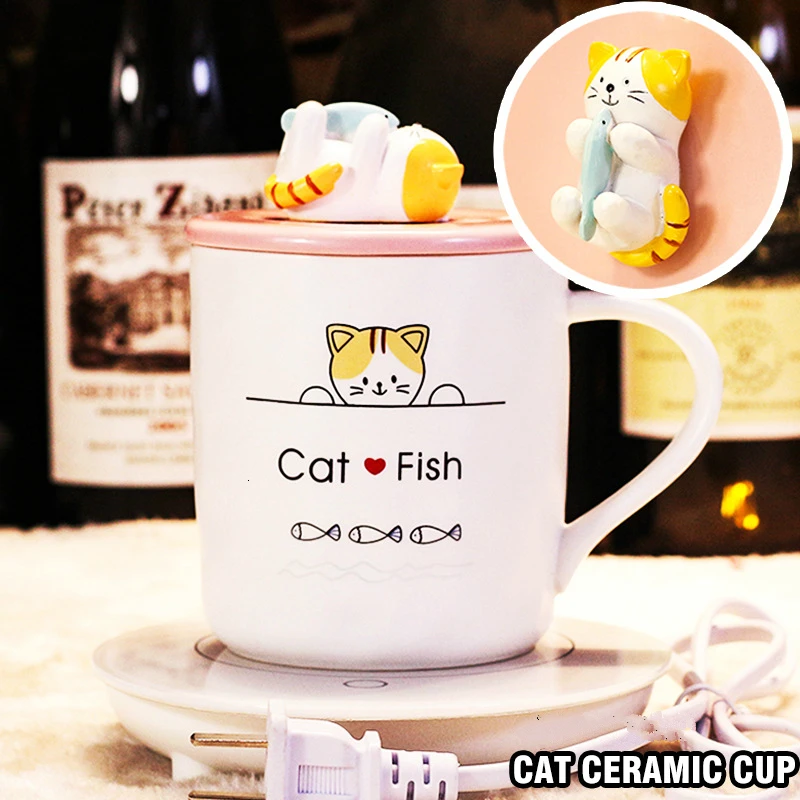 Керамические кофейные кружки с ложкой и изображением милого мультяшного кота