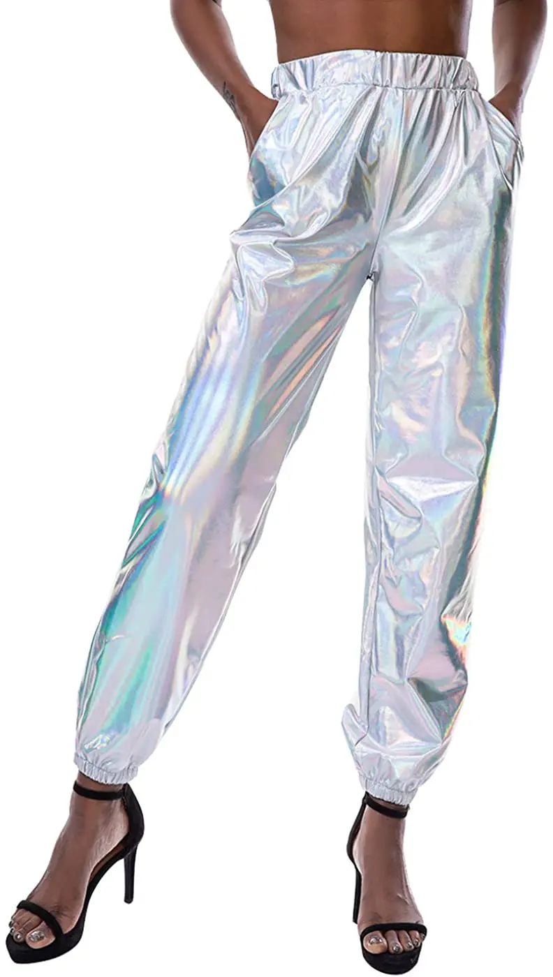 

Womens Shiny High Waist Pants, Hip Hop Wear Trousers Sweatpant