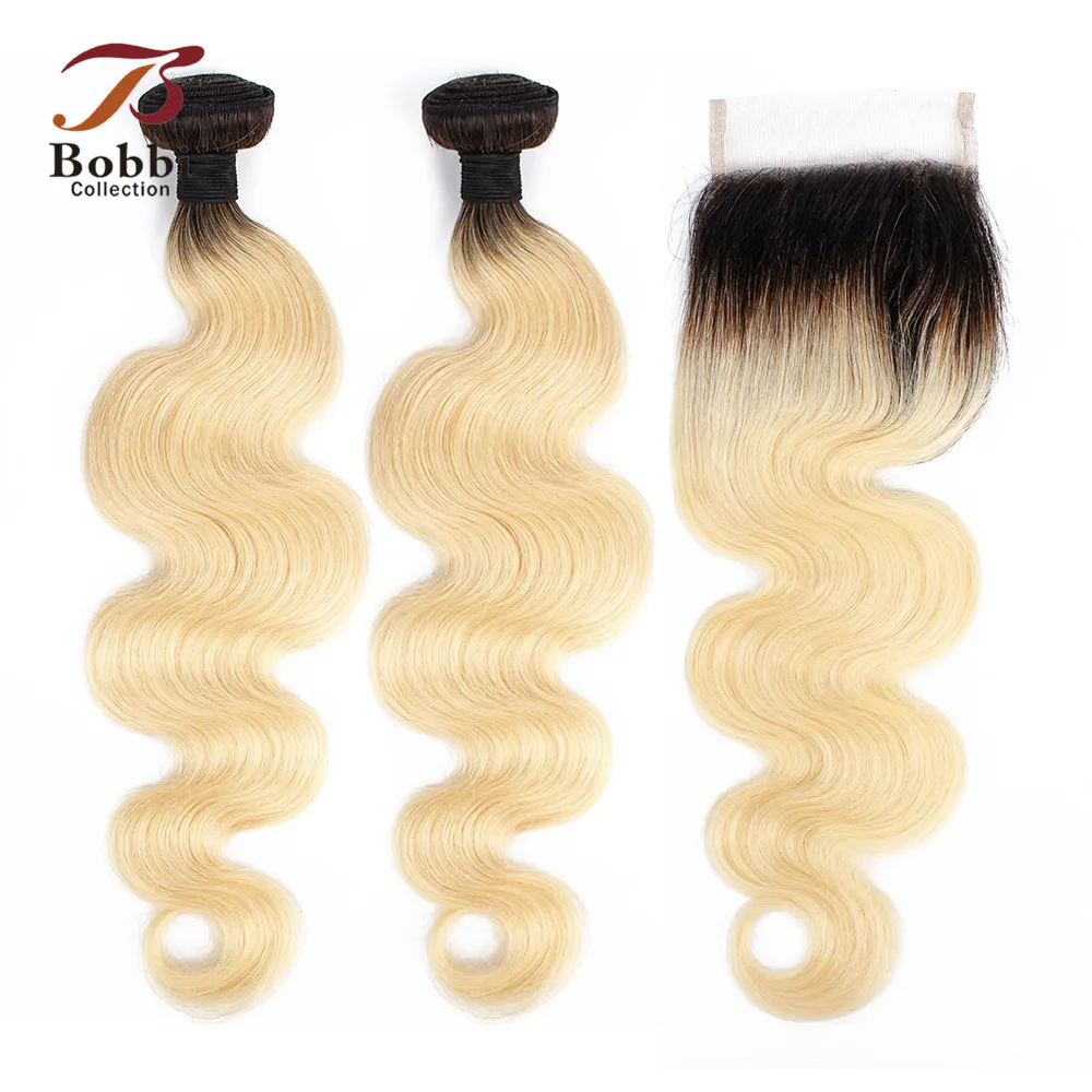 BOBBI коллекция Ombre T 1B 613 пряди с закрытием темный корень платиновый блонд бразильские объемные волнистые человеческие волосы Remy 10-28 дюймов