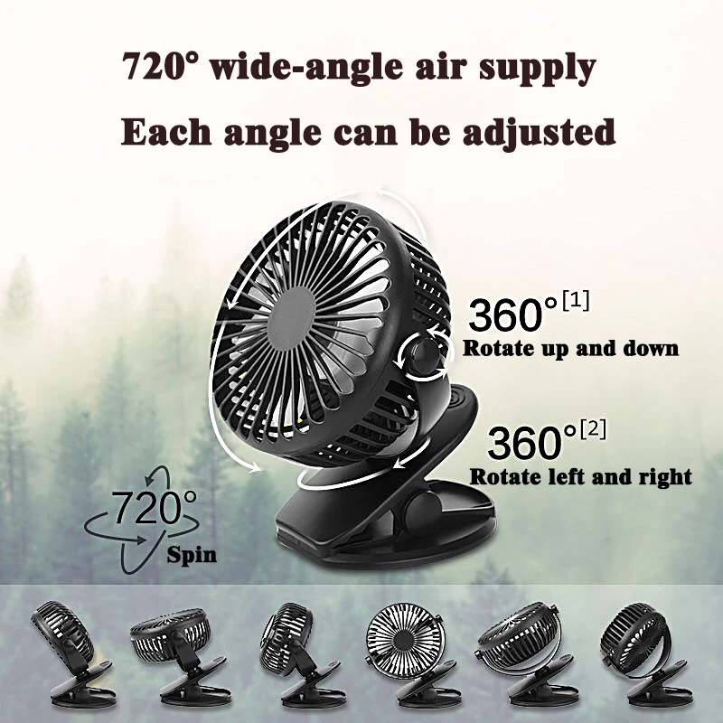 

Mini Mute Clip Fan Rechargeable Silent 4 Blades Baby Stroller Fans Portable Air Cooling 3 Speeds Desk USB Fan with USB Output
