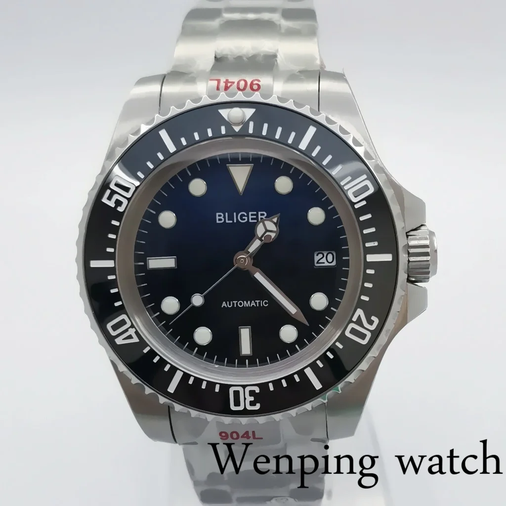 Мужские часы с циферблатом BLIGER большие 43 мм керамической оправой полусиним