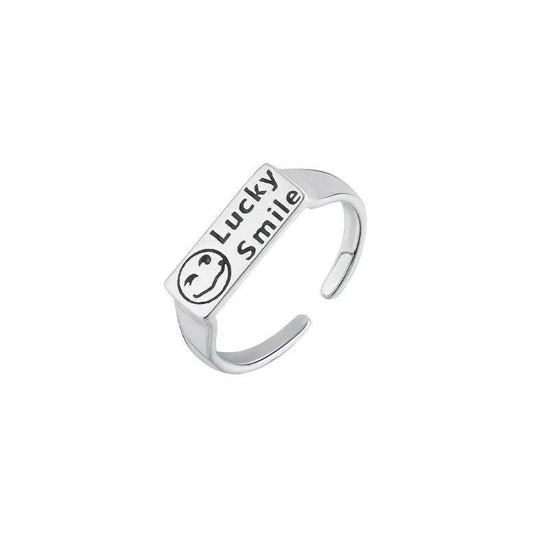 

2021 New Arrival Fashion Design Smiley Face Happy Luck Letters Adjustable Rings 925 Sterling Silver Women Ladies Square Jewelry
