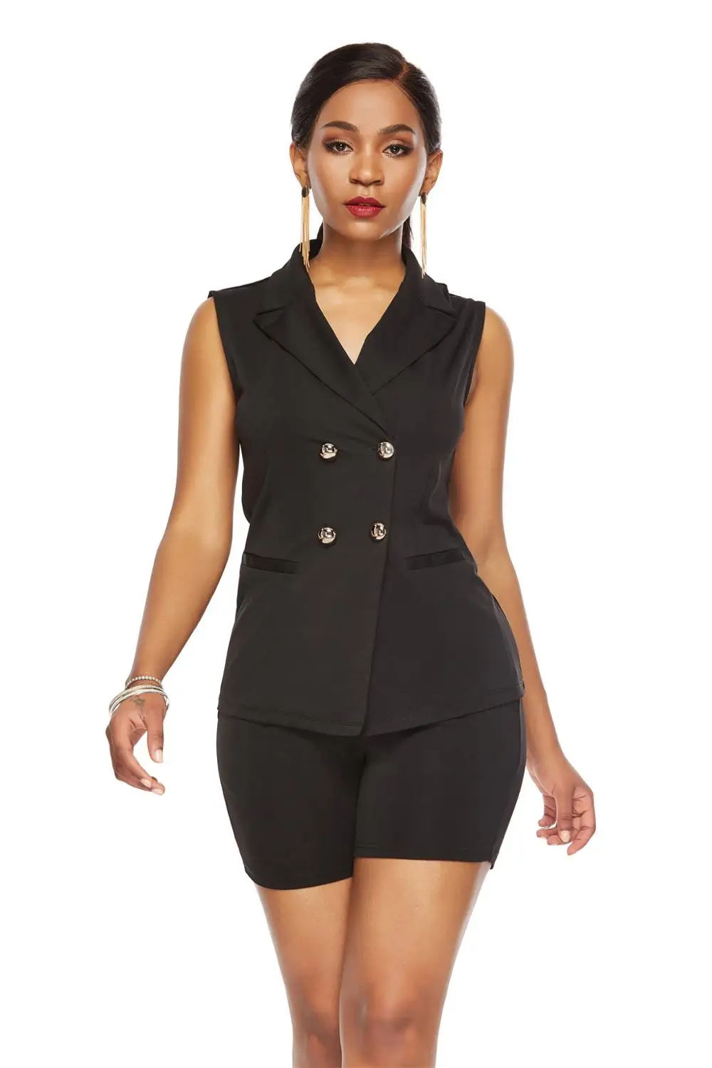 

Women Suit Summer New Professional Classic gold Buckle Suit Vest Jacket Double-breasted Two-piece Short Suits