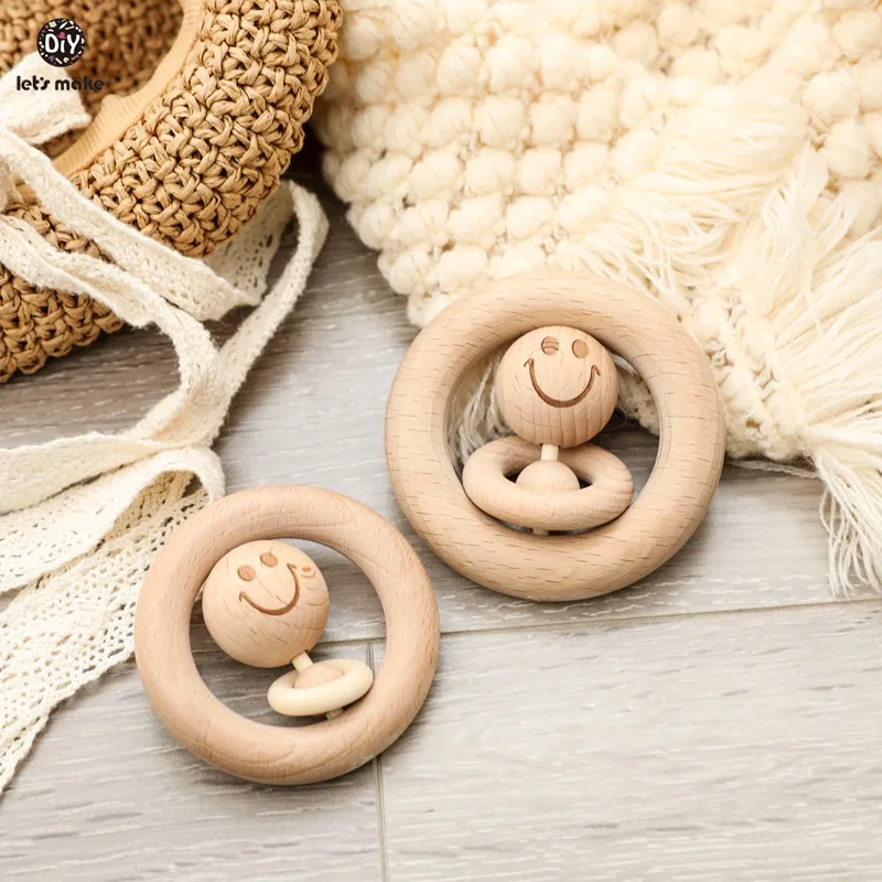 Let's Make Baby Wooden Rattle Bed Bell Wooden Ring 70mm/80mm Beech Wood Smiley Face 1PC Educational Toys Rattles For Newborns