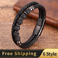 natural lava stone bracelet 6 style round bead bracelets for men stainless steel magnetic clasp 2020 fashion mens jewelry gifts