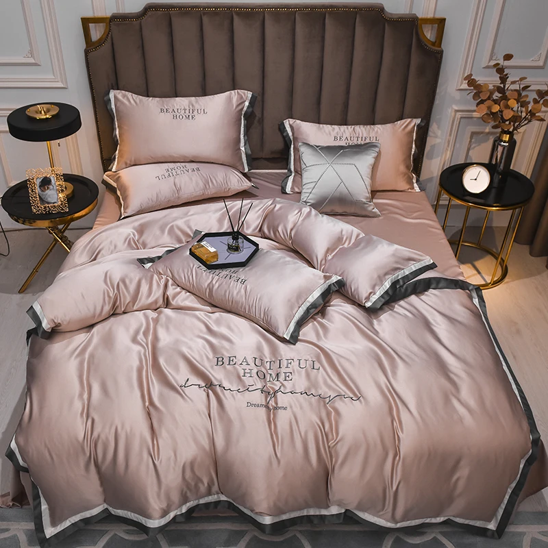 JuwenSilk  luxury embroidery bedding set silky bed set duvet cover bed sheet pillwocases Queen King size July Upgrade
