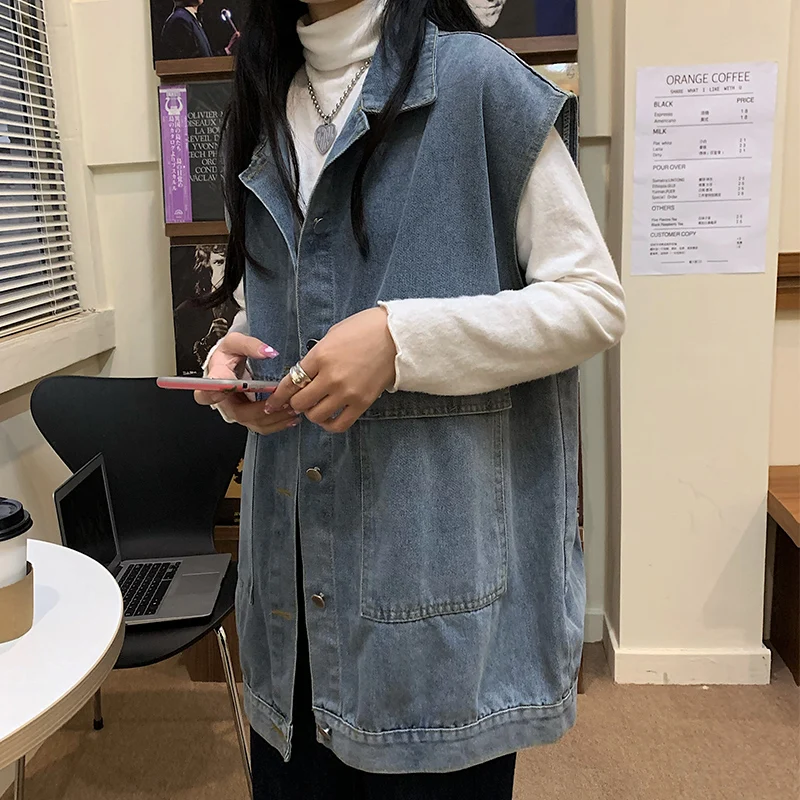 Жилет джинсовый HARAJPOO в стиле ретро потертый без рукавов с большими карманами