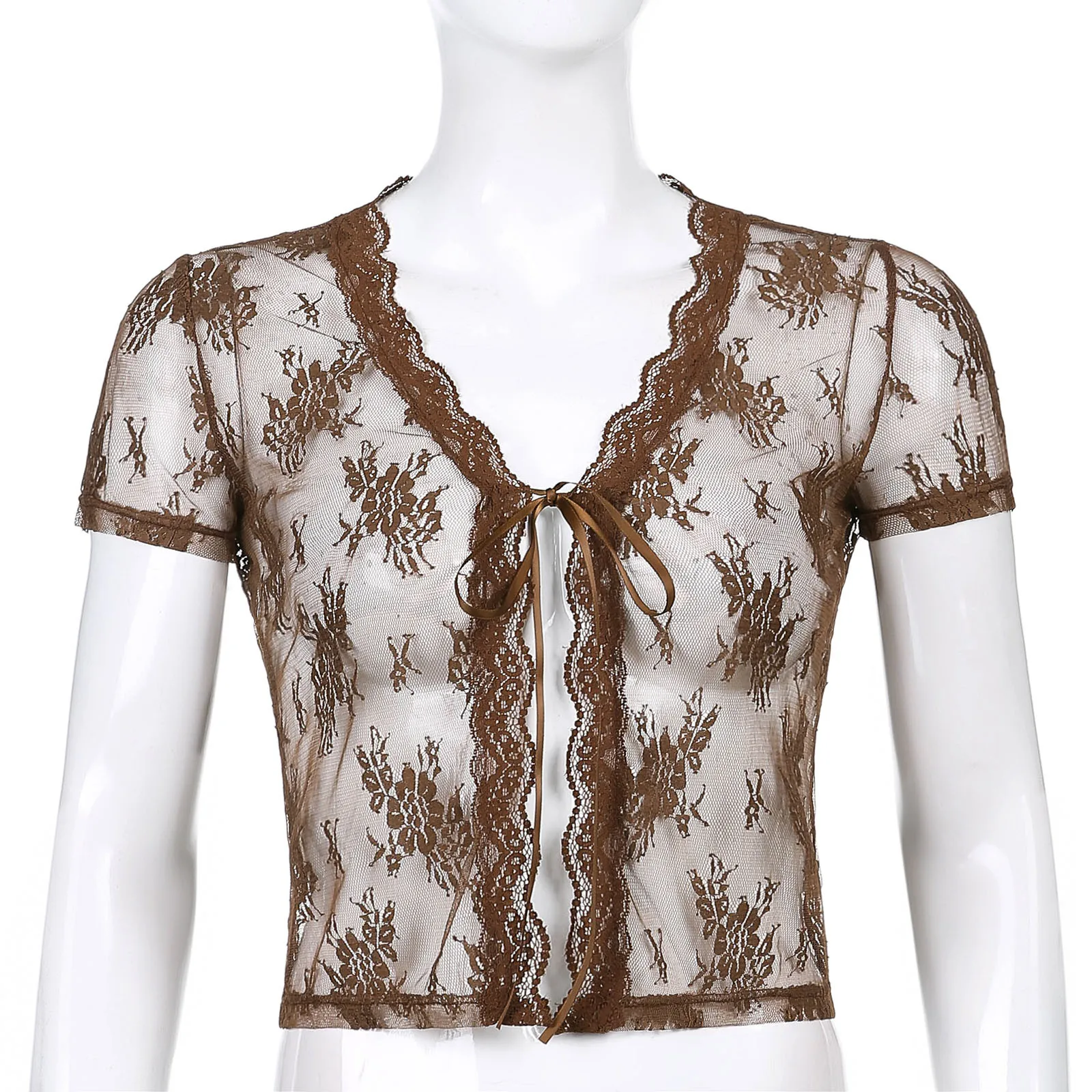 

Brown Vintage Lace Top Y2k Short Sleeve See Through Sexy Mesh Woman Tshirts V Neck Lace Up Floral Kawaii Cloth