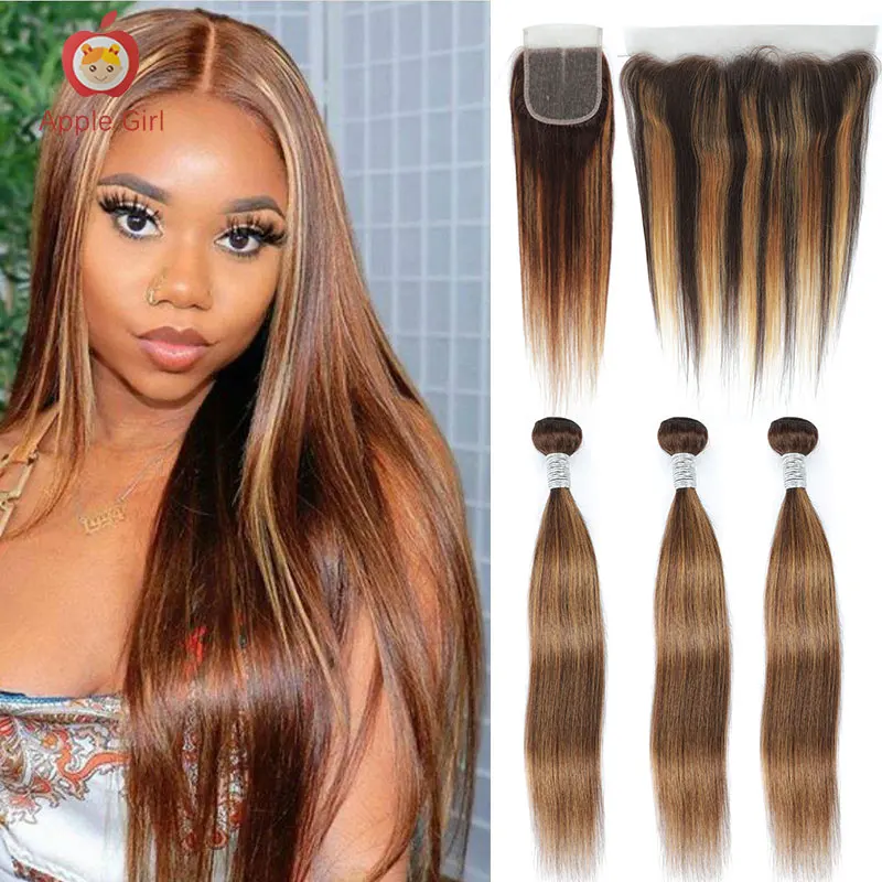 Transparent Highlight Bundles With Closure 3 or 4 Human Hair Bundles With Frontal 13x4 Lace Size Brazilian Straight Remy Hair