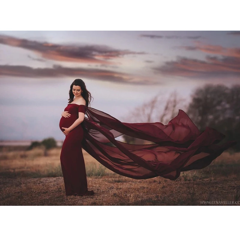 

Baby Shower Long Dress Maternity Photography Props Chiffon Dresses Long Tail Fitting Pregnancy Photo Shoot Dresses Slash Neck