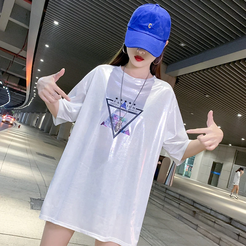 Корейская женская Футболка Harajuku блестящая Полиэстеровая футболка с коротким