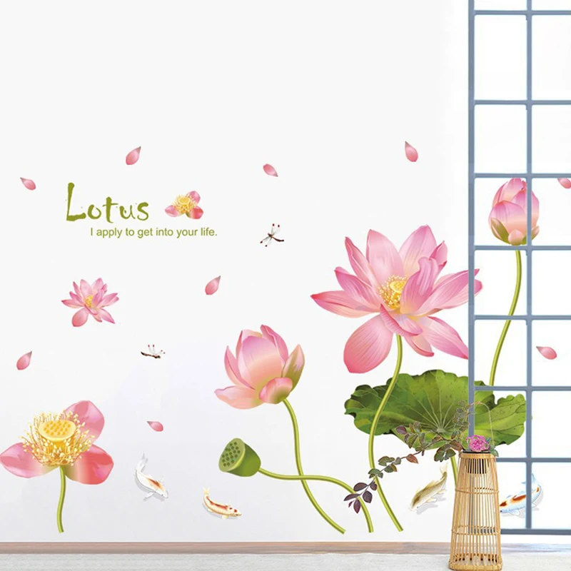Романтические настенные Стикеры с розовыми цветами лотоса прудом рыбками