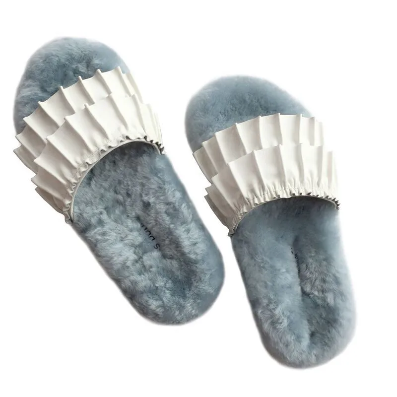 Женские Плиссированные кожаные меховые шлепанцы Модные Повседневные туфли на