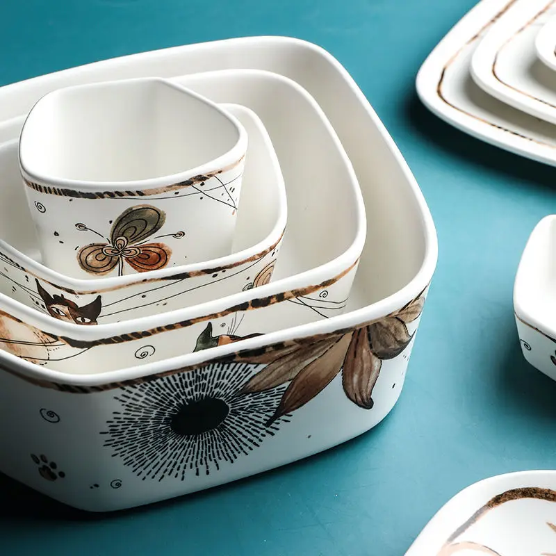 

Cute Cartoon Cat Ceramic Tableware Household Soup Noodle Bowls Fruit Steak Food Plate Dishes Creative Porcelain Dinnerware Set