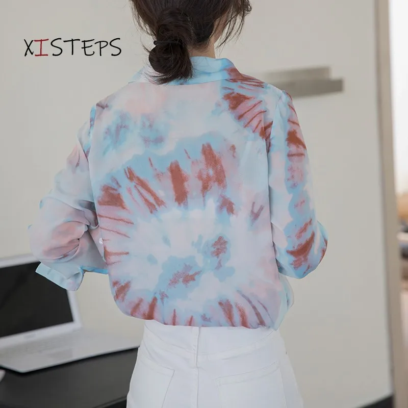 Tie Dye Women Shirts Women's Summer Long Sleeve Chiffon Blouses Thin Shirts 2021 Fashion Ladies Tops Fashion OL Clothings