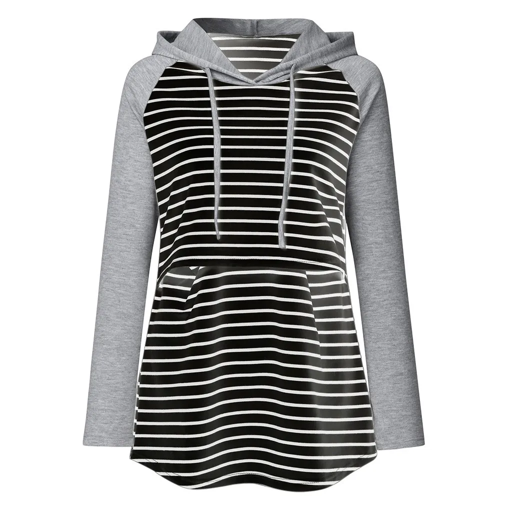 Свитшот для беременных женщин с длинным рукавом полосатые топы капюшоном Осень