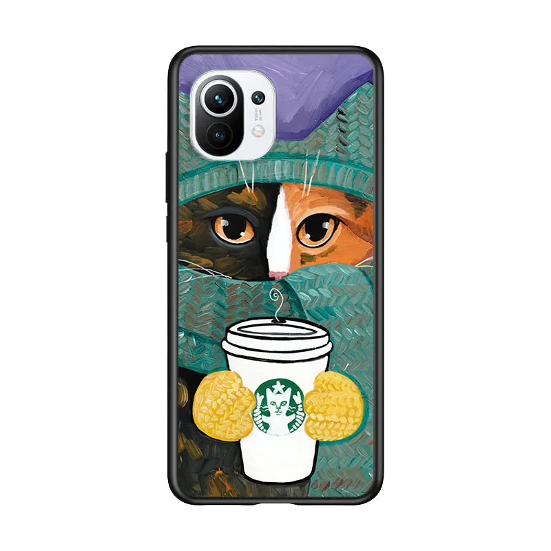 

Cute Cat Coffee for Xiaomi Mi 11 10T Note 10 Ultra 5G 9 9T SE 8 A3 A2 A1 6X Pro Play F1 Lite 5G Black Phone Case