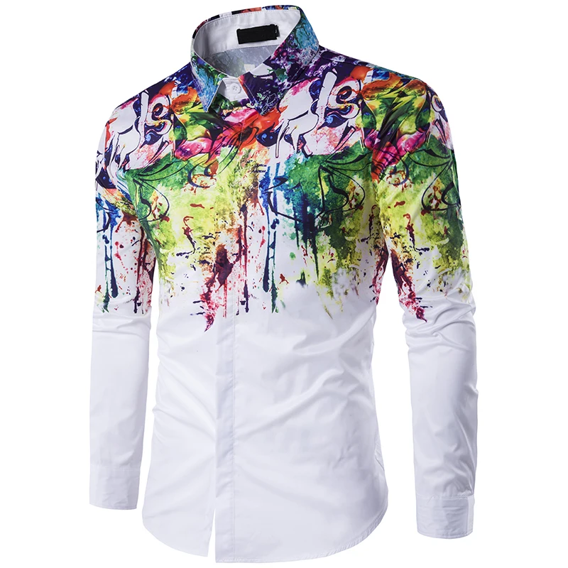 

2021 Autumn New Simple White Splash Ink Slim Long Sleeved Shirt Oversize Street Style Hip Hop All-match Men Shirt Free Shipping