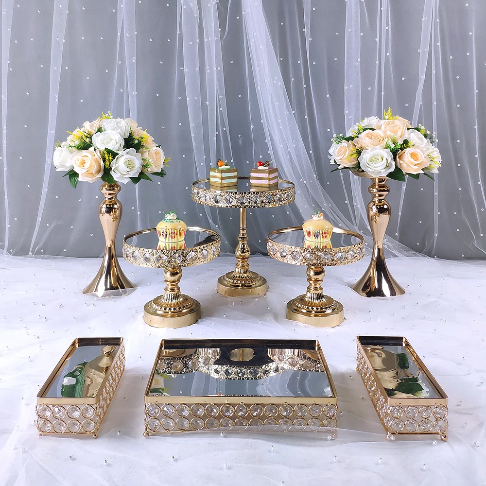 Juego de soportes de cristal para tartas de 8 piezas, soporte de espejo de Metal para cupcakes, decoraciones de Pedestal de postre, bandeja de exhibici&oacute;n para tartas de fiesta de boda-1