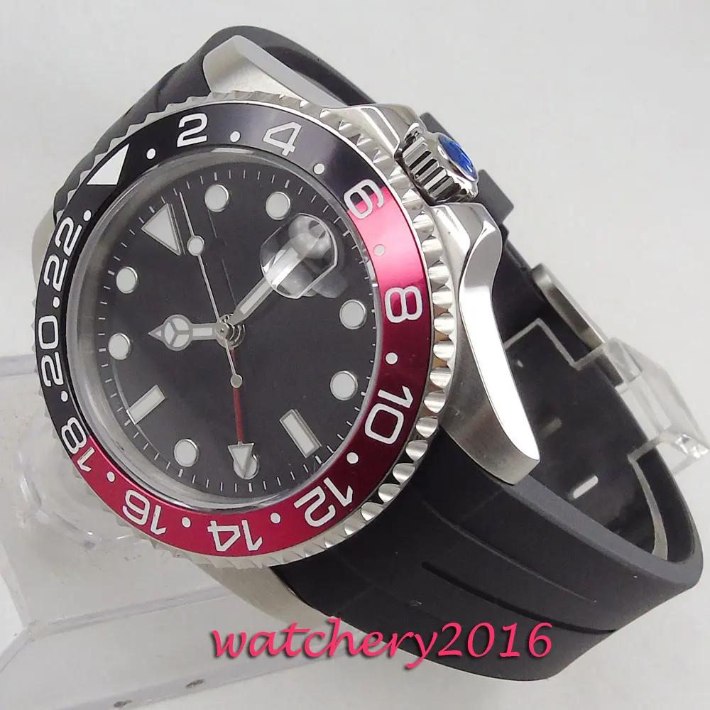 Мужские часы PARNIS 40 мм с черным стерильным циферблатом и сапфировым