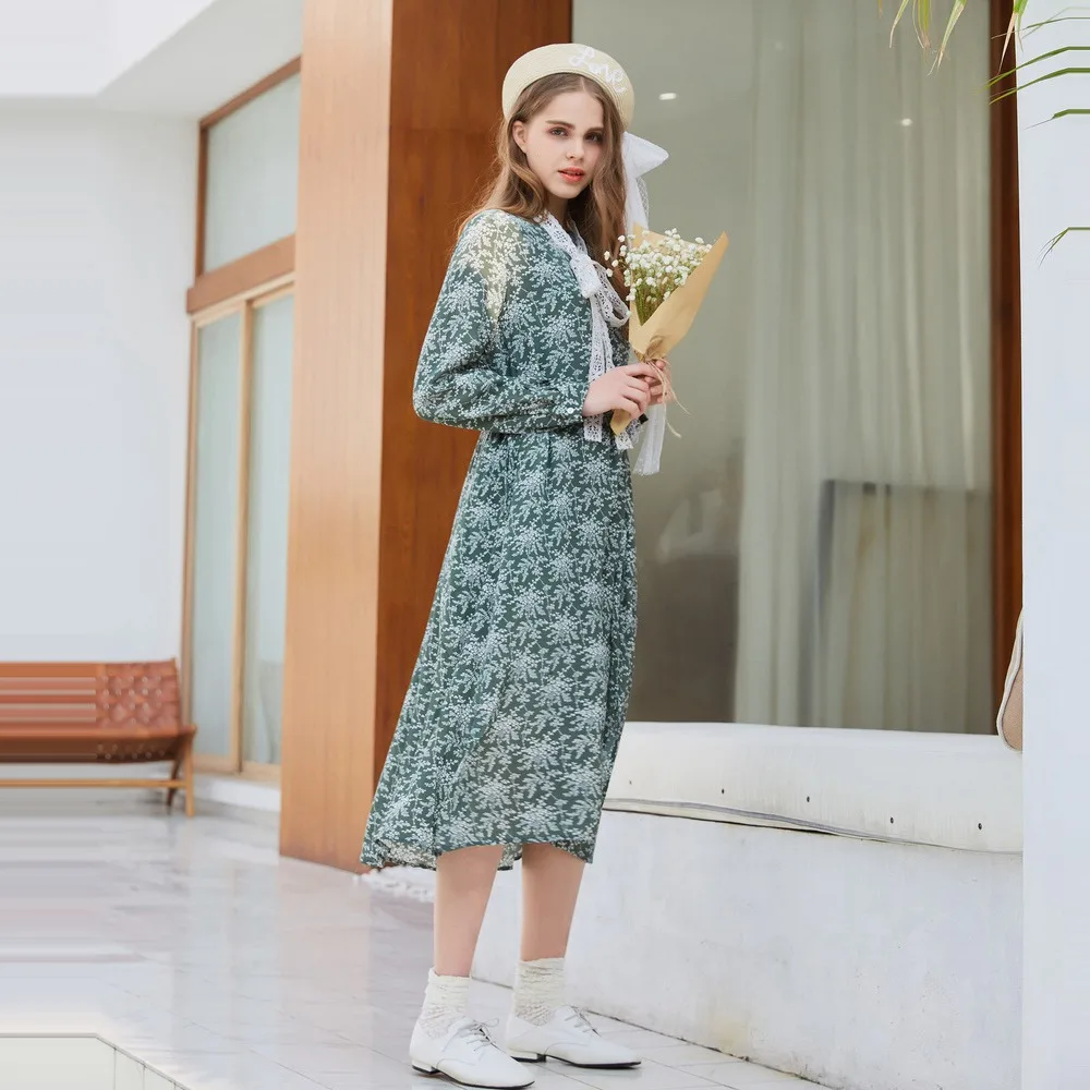 

Chic Dress Ruffle Long Sleeve Straight dress Women Dresses Spring Autumn O Neck Floral Print Prairie