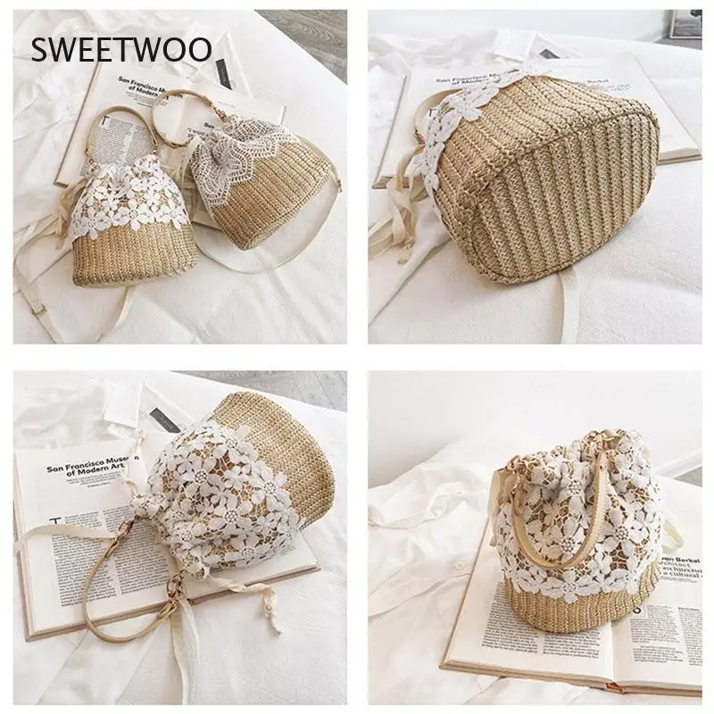 

Lace Bucket Bags Flower Pattern Woven Picnic Bag for Women New Fashion Summer Beach Straw Female Wild Crossbody Shoulder Handbag