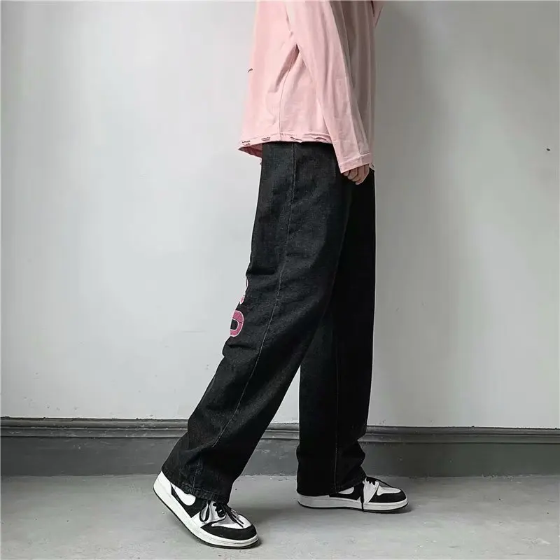 ICCLEK Printed Jeans Men's Straight Loose Pants High Street Pants Street Washed Casual Pants Black Jeans Men  Men Pants