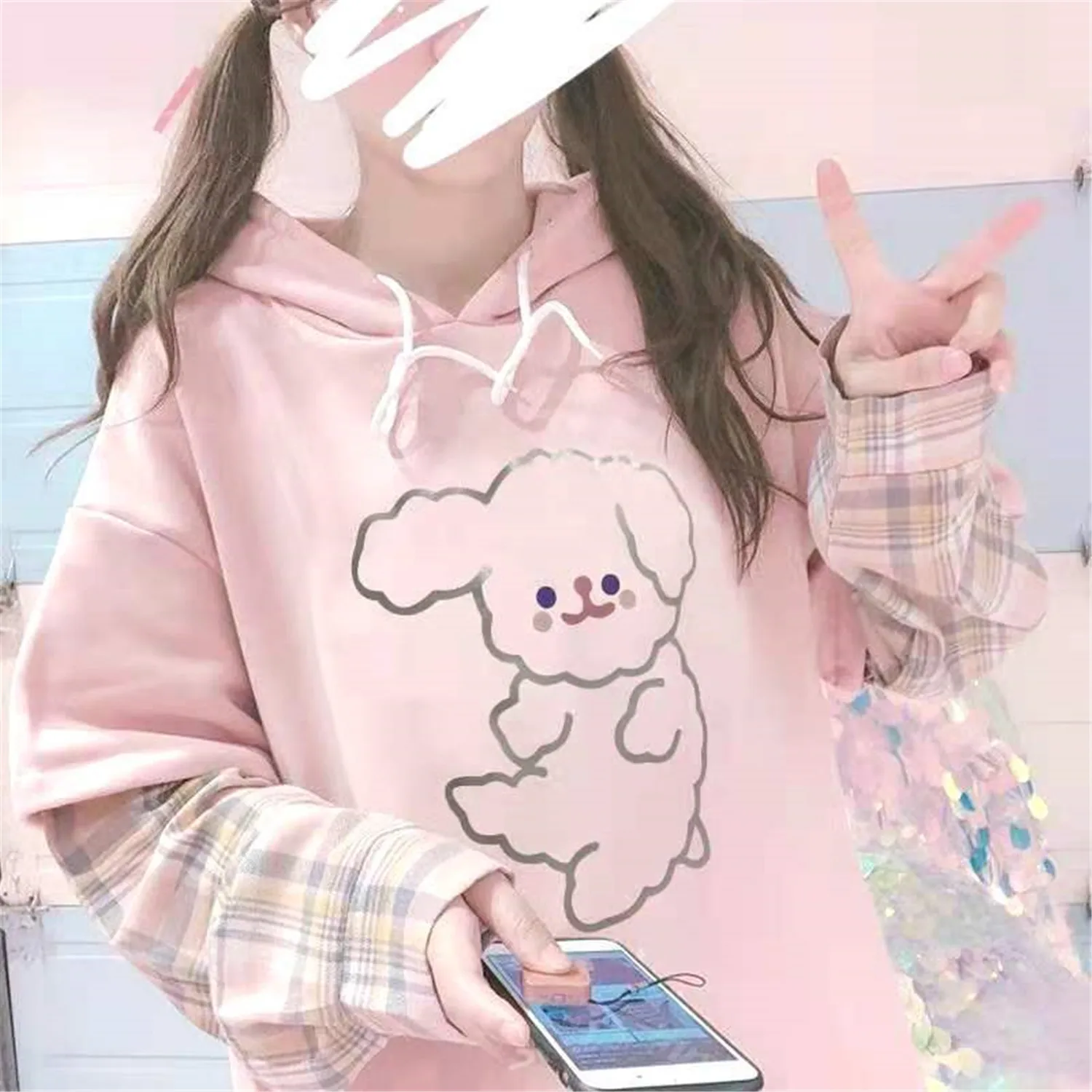 

Pink Patchwork Sweatshirt Women Clothes Autumn Bear Print Hoodies Long Sleeve Pullover Oversized Jumper Hoodie Streetwear Female