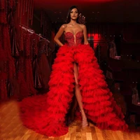 red luxury mesh evening dresses ruffles tiered high low custom made prom gowns with crystal custom made vestidos