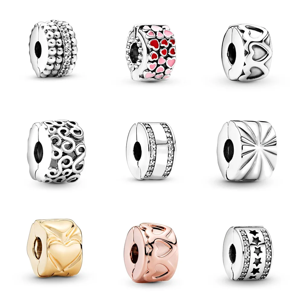 

Pink Red Heart 925 Sterling Silver Stopper Beads Clip Round Shape Surround Heart Rose Gold For Women Pandora Charm Bracelet