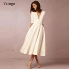 Винтажное атласное ТРАПЕЦИЕВИДНОЕ короткое платье Verngo цвета слоновой кости для свадебной вечеринки с карманами и полурукавами, с V-образным вырезом, ниже колена