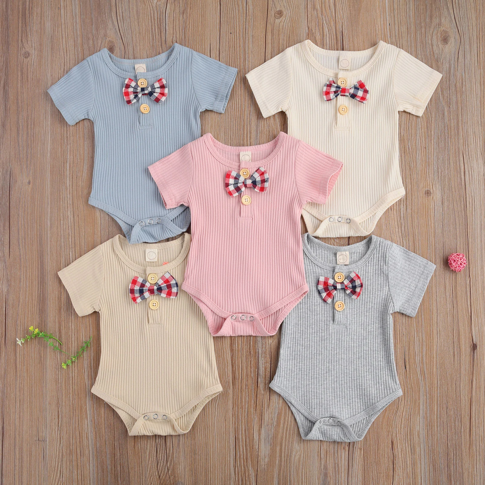 

Newborn Baby Stylish Short Sleeve Bow-tie Romper Fashion Romper for Children Kids Toddler One-Piece Outfit Knitted Sunsuit