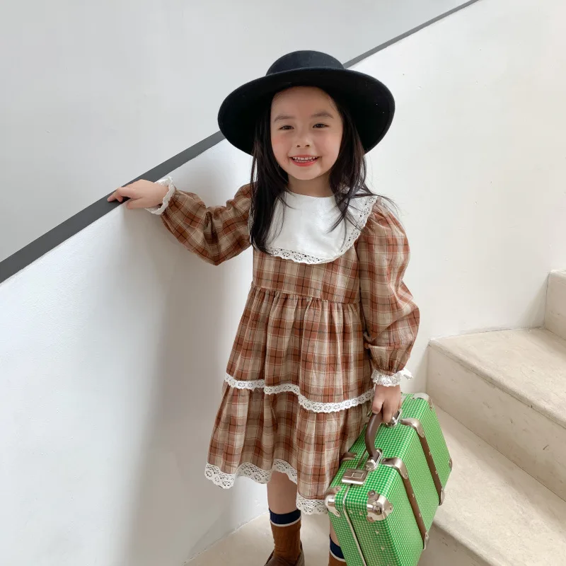 

Autumn New Arrival Korean style cotton plaid long sleeve princess lace dress with big lapel for cute sweet baby girls