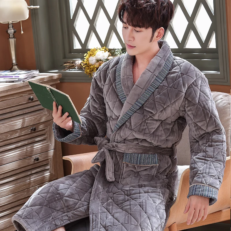 

Newest men robe winter three layers quilted men pyjamas coral fleece bathrobe plus size L-3XL male thick warm robe