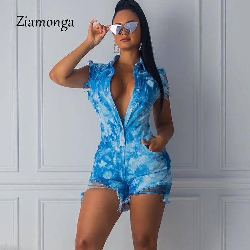 Ziamonga/Летний джинсовый комбинезон с коротким рукавом для женщин; Короткий комбинезон на пуговицах с отложным воротником; Повседневные Вечерние комбинезоны с карманами